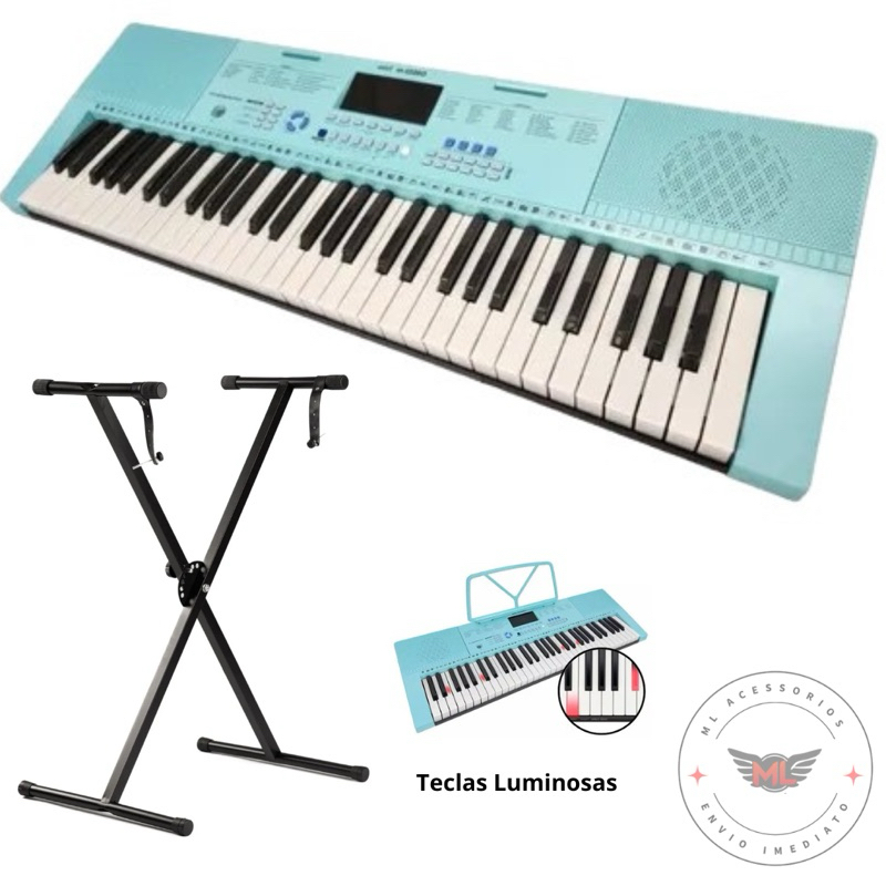 Teclado Musical azul 61 Teclas 5/8 + suporte em x teclado com regulagem de altura Dolphin