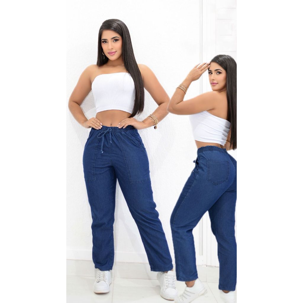 Calça capri Jeans Feminina Cintura Alta Tecido Leve com Elastico e Cordão na Cintura de enfeite