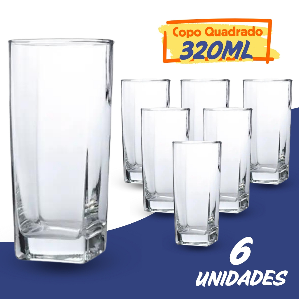 Jogo De 6 Copos Vidro Bali Quadrado Luxo Transparente 320ml