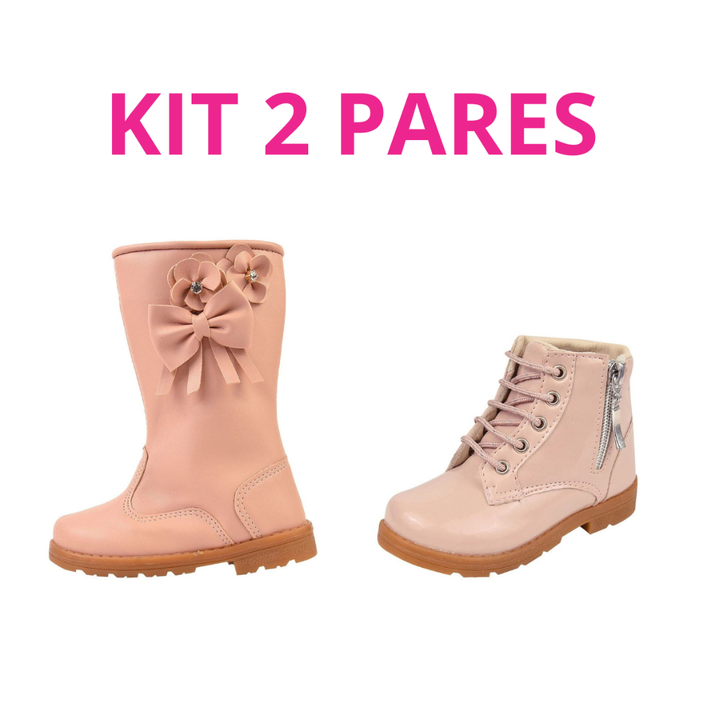 Kit 2 Pares Bota Cano Alto Nude+ Coturno em Verniz Nude/Rosa Infantil Menina Feminino Lulopé