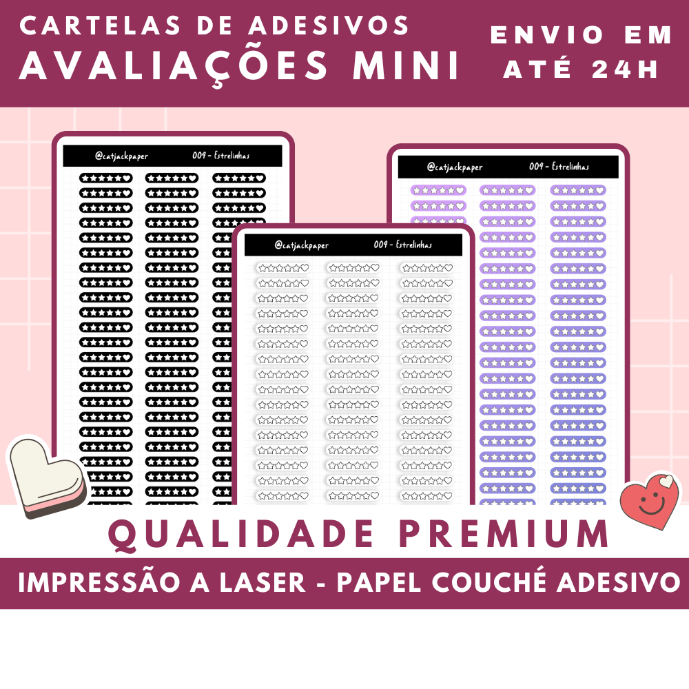 Cartelas Adesivas Estrelinhas de Avaliação com Coração - bullet Journal, book journal, cadernos, diários planner