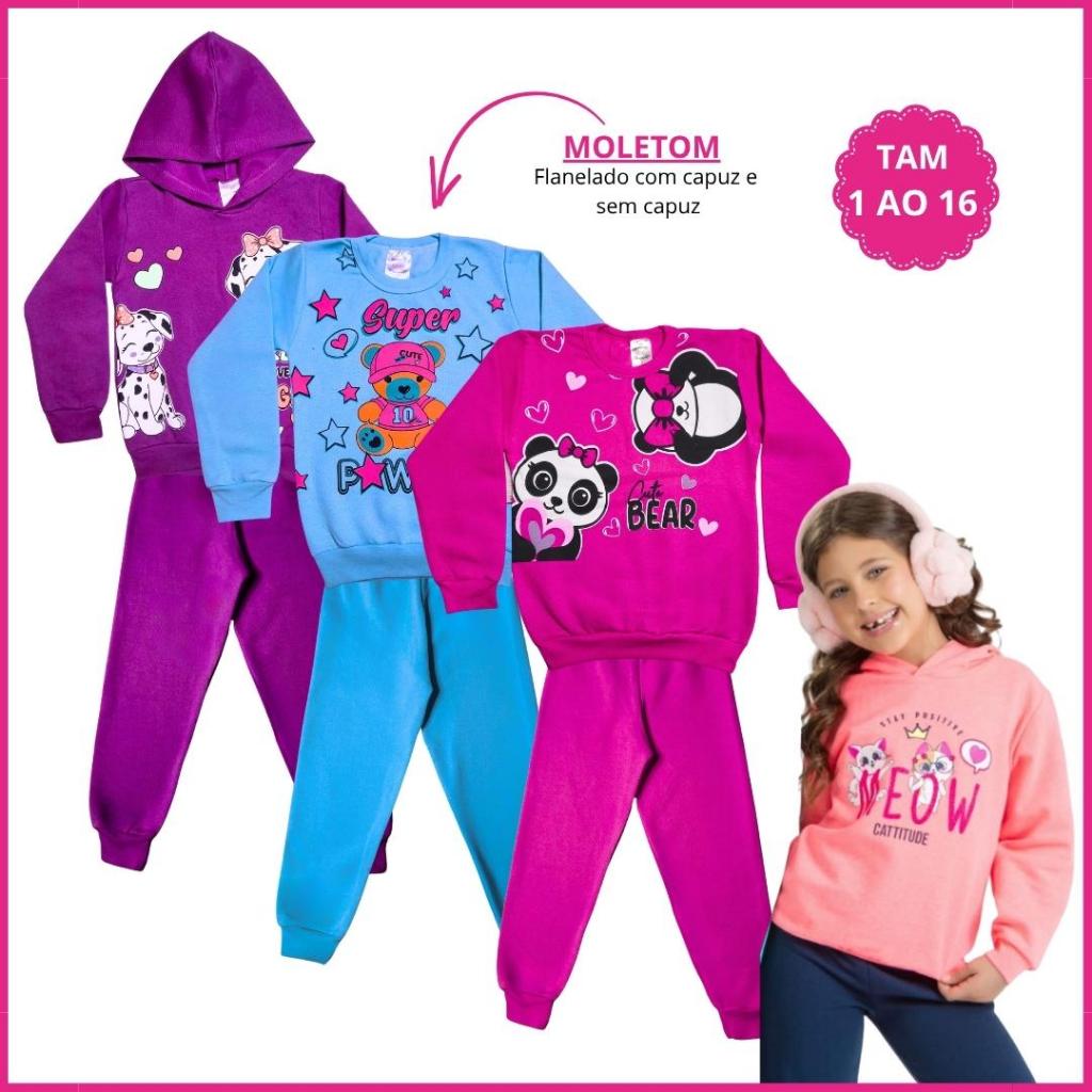 Kit 4 Peças Conjunto Moletom Infantil Menina Inver 2 Blusa Moletom 2 Calça Legging Flanelada 1 ao 16