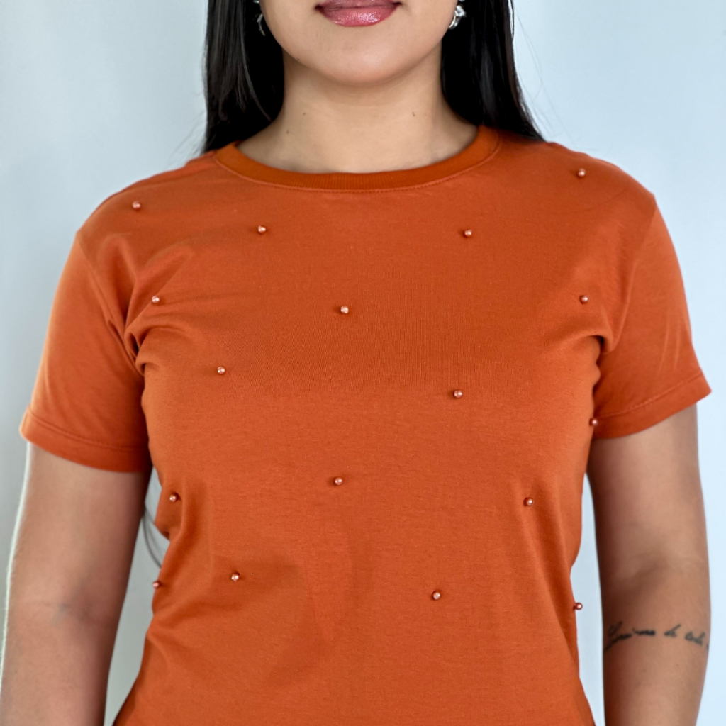 Blusa Feminina Com Pérolas Terra Cota T-shirt Básica Moda Casual em Oferta na Shopee