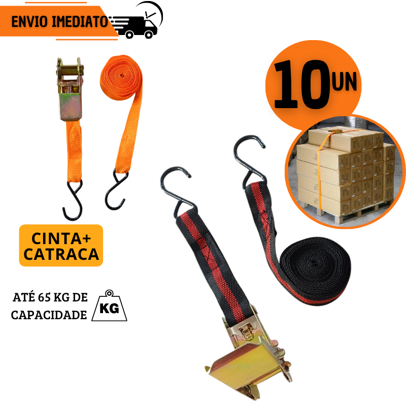 Jogo Cinta com Catraca 4,5M x 2,5cm para Amarração Fixação Carga até 65KG Tensionadora Logística