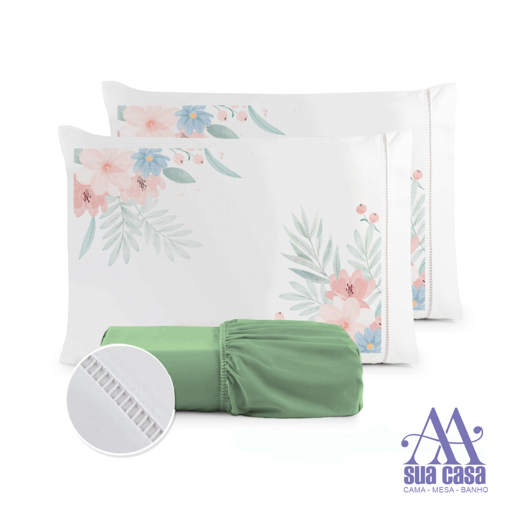 Jogo de Lençol Fronha Estampada Micropercal 400 Fios Ponto Palito
