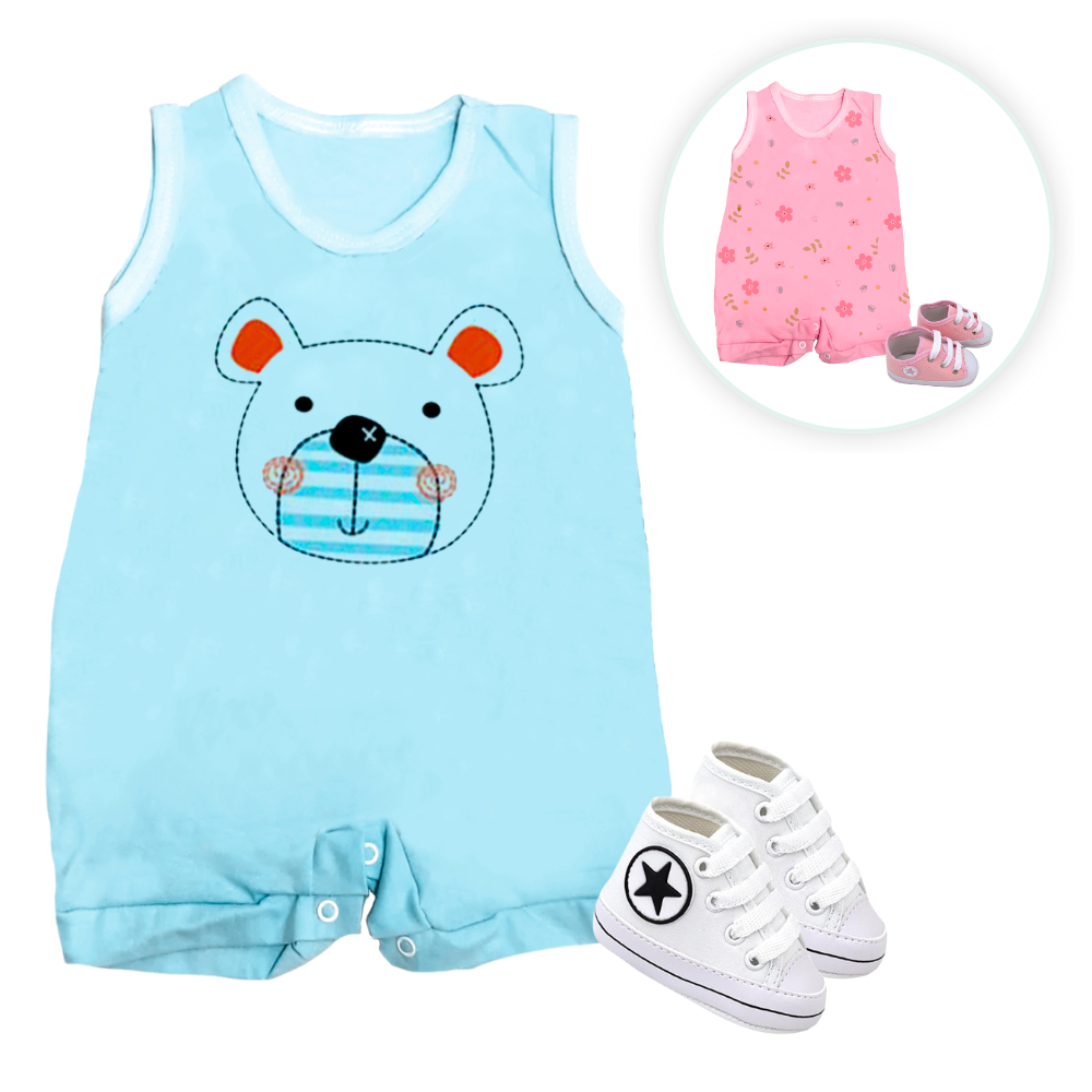 Kit Banho De Sol Enxoval 2 Pças Roupa De Bebê Macacão Regata