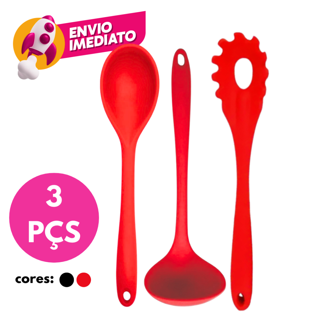 Kit 03 Pç Jogo Em Silicone Maciço Com Colher Arroz Pegador Massas Concha Feijão Caldo