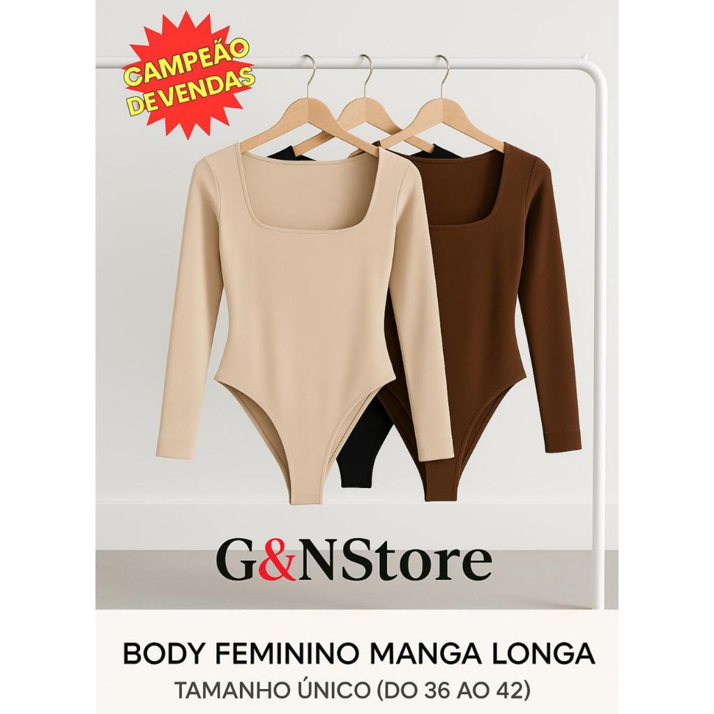 Body Feminino Decote Quadrado Body Manga Longa Feminino em Suplex Tendencia Moda Blogueira Bori