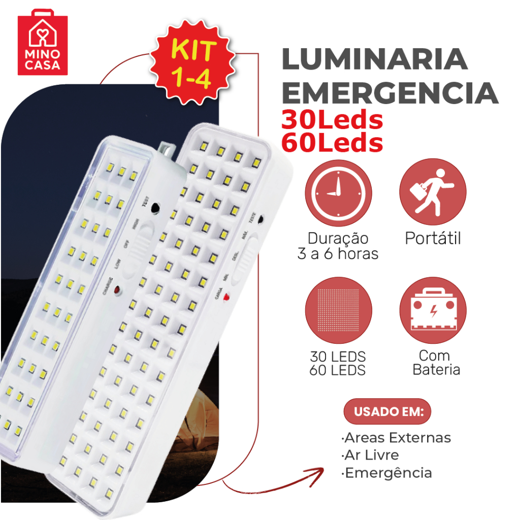Luminária Emergência Lâmpada 30 ou 60 Leds Recarregável Bivolt Luz Branca Fria em Oferta na Shopee