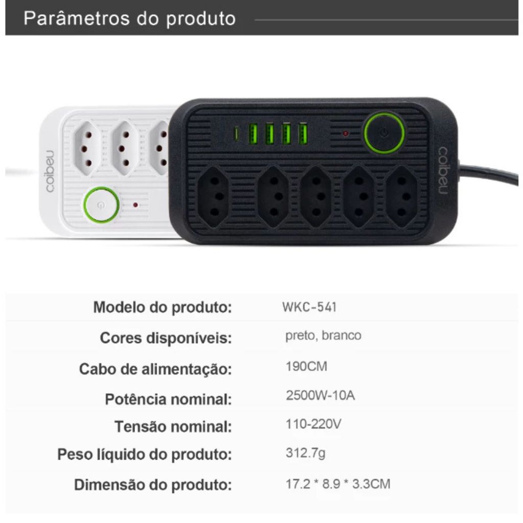 Extensão 5 Tomadas 4 USB 1 Type-C Universal Bivolt Power 110v/220v 2m WKC-541 COIBEU