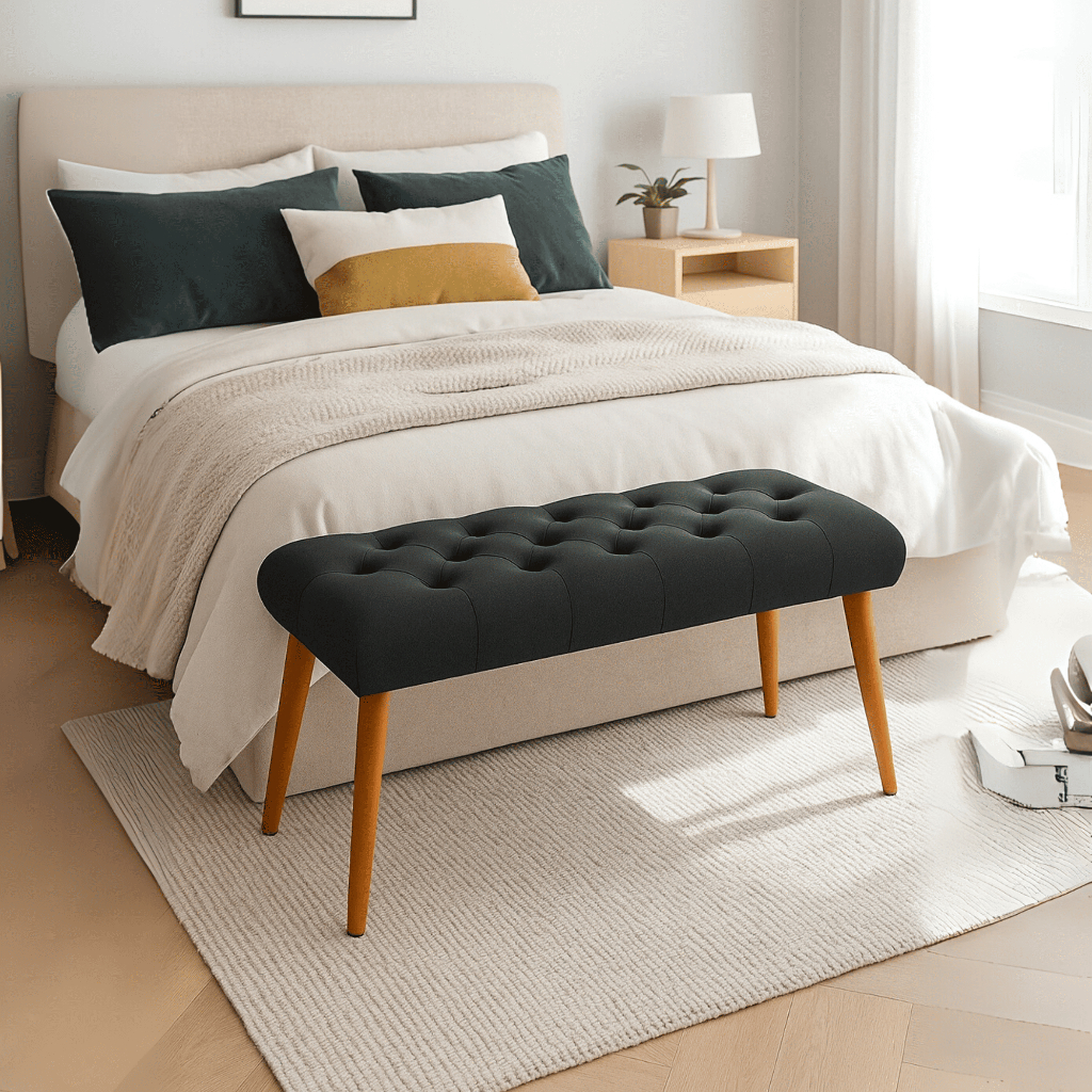 Banqueta Recamier Luxo Pés De Madeira Capitonê Decorativo Cinza Compacto