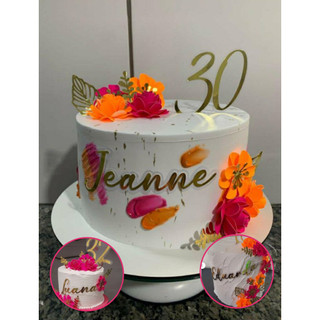 Topper de bolo / plaquinha de bolo / topo de bolo personalizado com nome idade e flores rosa pink e laranja
