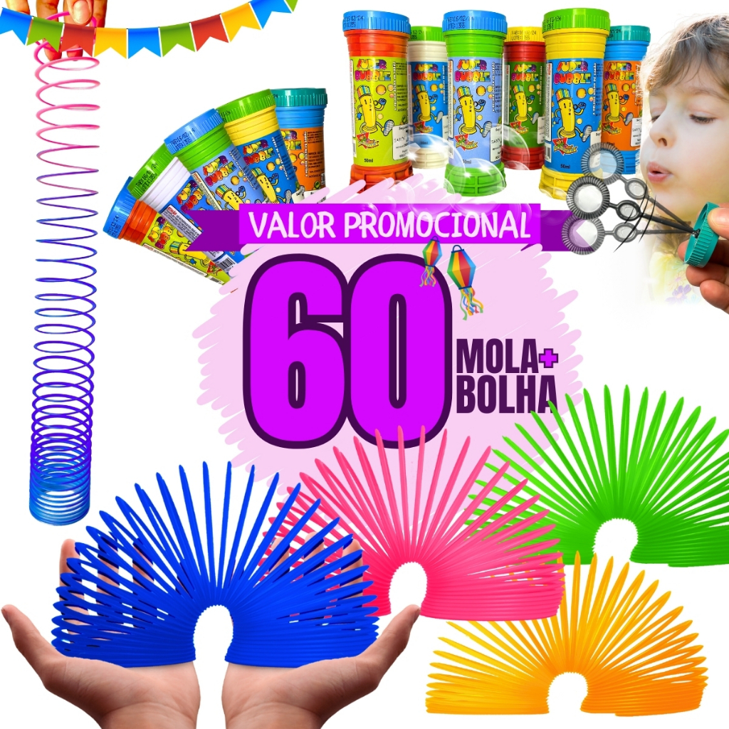 30 Bolha De Sabão + 30 Mola Maluca Grande Lembrancinha Atacado Prenda Kit Festa Criança