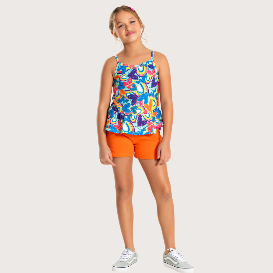 Conjunto Verão Menina Regata Alcinha Com Babado e Shorts Explosão de Corações