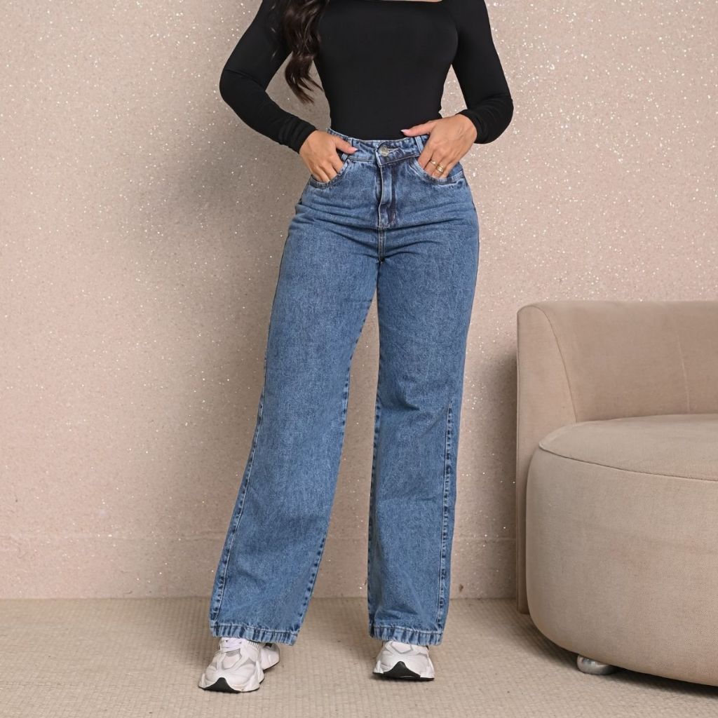 Calça Jeans Feminina Wide Leg Marmorizada Cintura Alta Tecido Grosso Pantalona Linha Premium 100% Algodão Levanta Bumbum
