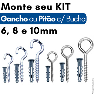 Kit Pitão com Bucha Kit Gancho e Buchas Fixação Parede Jogo Gancho Fechado 6 8 e 10 Ganchos Zincado em Oferta na Shopee