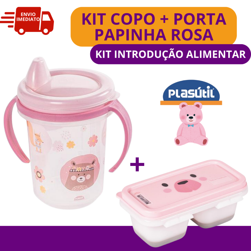 Kit Introdução Alimentar Copo com Bico e Alças + Porta Papinha Fundo Silicone para Congelar Plasútil