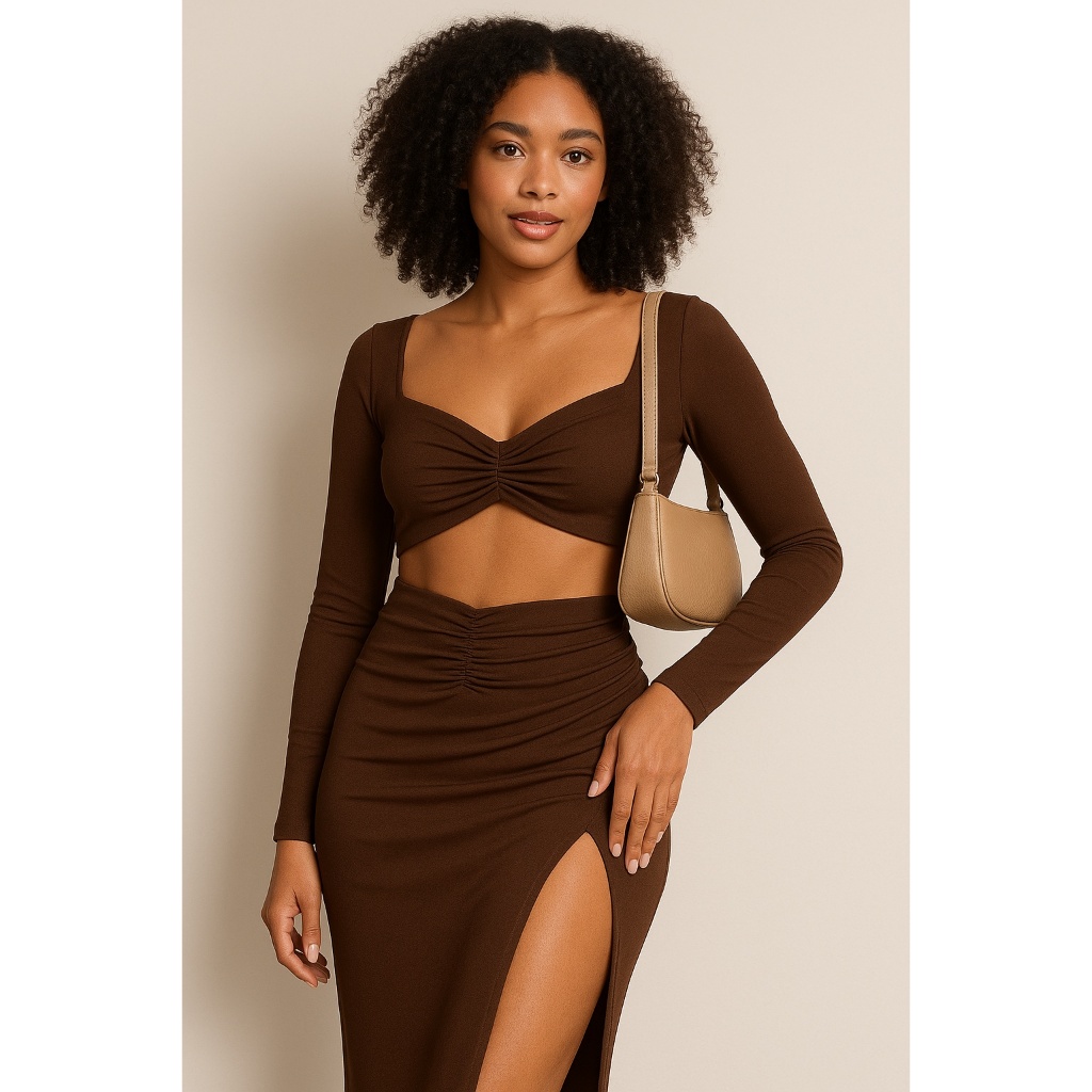 Conjunto Saia Fenda Alta e Cropped Manga Longa | Look Sensual e Estiloso | Moda Feminina ( Antônia ) em Oferta na Shopee