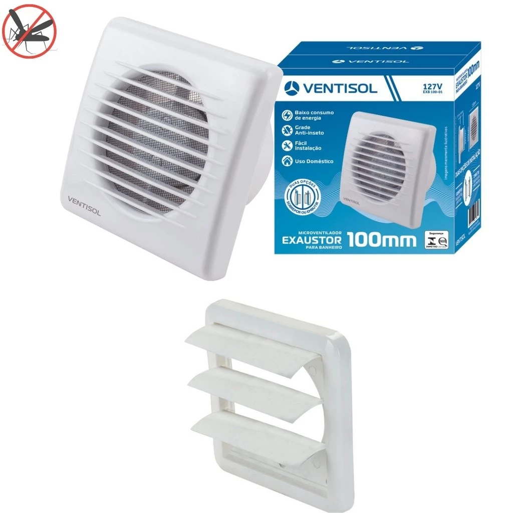 Kit Exaustor De Ar Para Banheiro Lavabo 100mm Grade Anti Inseto Bivolt Duto Grade Veneziana Ventisol