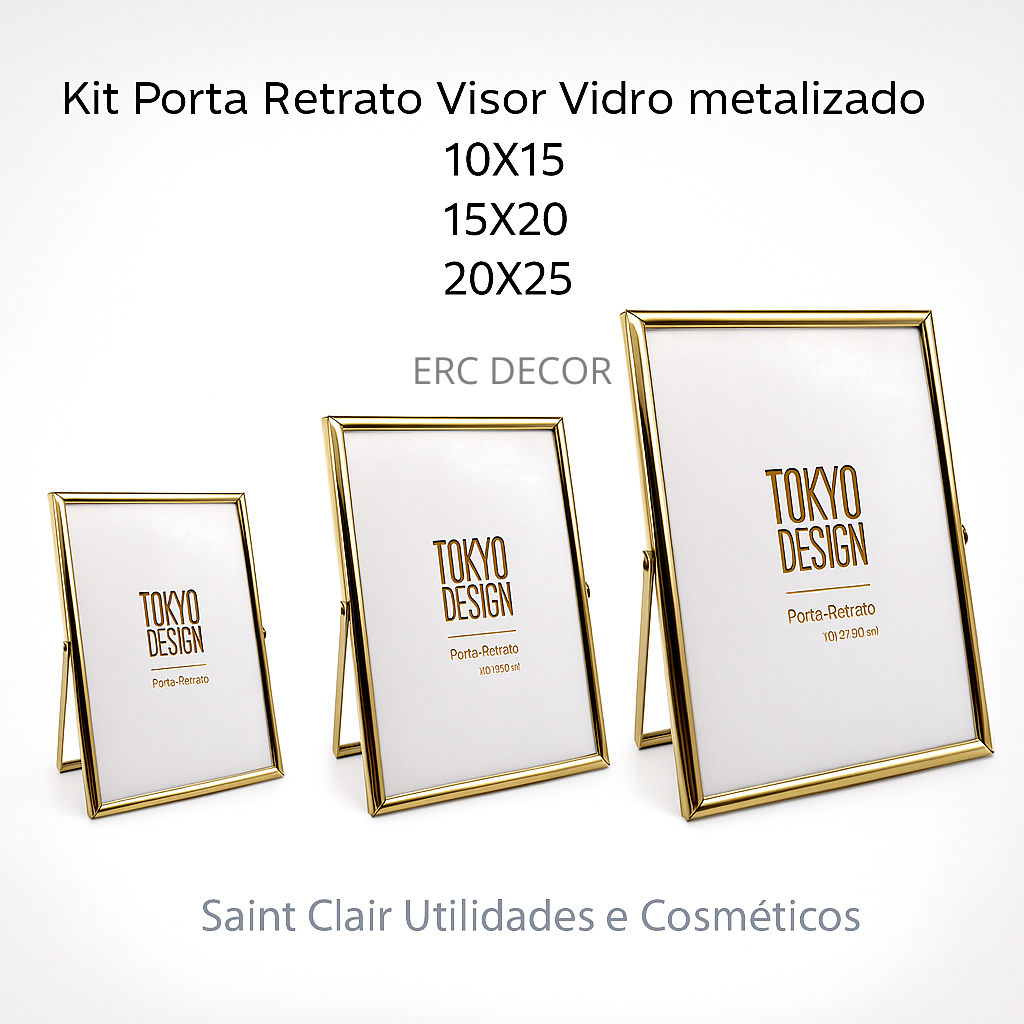 Porta Retrato Pé metal Espelhado Dourado Ou Prata Vidro 15x20 ou 20x25 ou 10x15