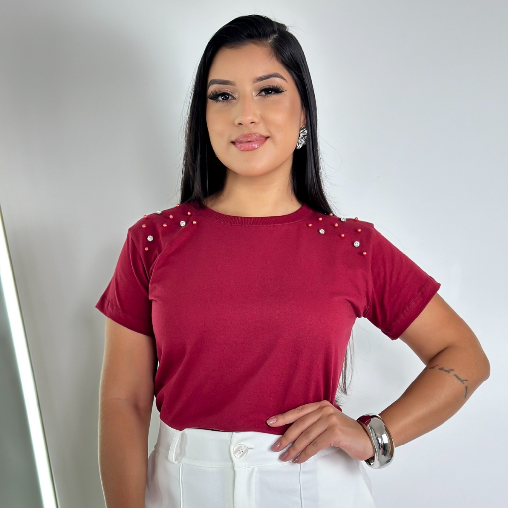 Camiseta T-shirt Com Pérolas Moda Básic Casual Blusa Elegante