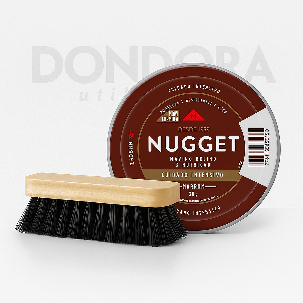 Kit 1 Escova de Sapato Macia + 1 Graxa Pasta Marrom Nugget Lata 36g