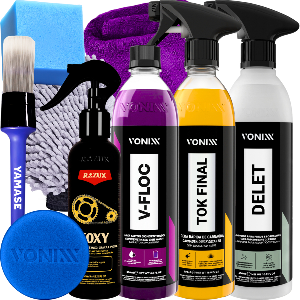 Kit Produto para Lavar Moto Cera Shampoo Desengraxante Delet Limpador de Corrente Vonixx
