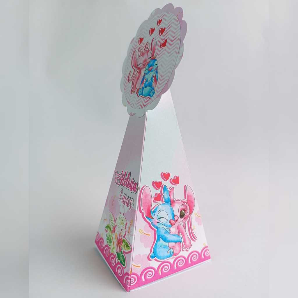 Kit Lembrancinhas de Festa Personalizada Caixinha Pirâmide PEGUE E MONTE Stitch e Angel Fofo Mimo