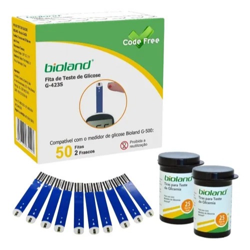 Tiras Reagentes Glicose Bioland Code Free 50 Unidades