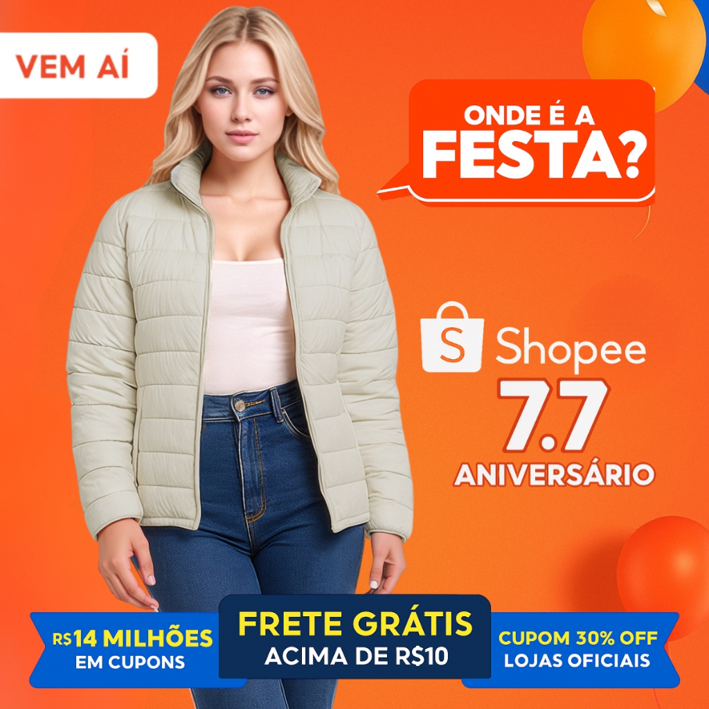 Jaqueta Puffer Feminina Impermeável Bolso com Zíper Reforçado Corta Vento Nylon Premium