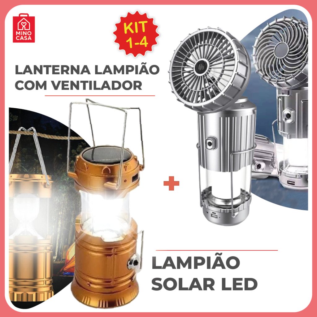 Lanterna Lampião com LED c/ Placa Solar embutida Recarregável usb e tomada Bivolt 2 Modelos