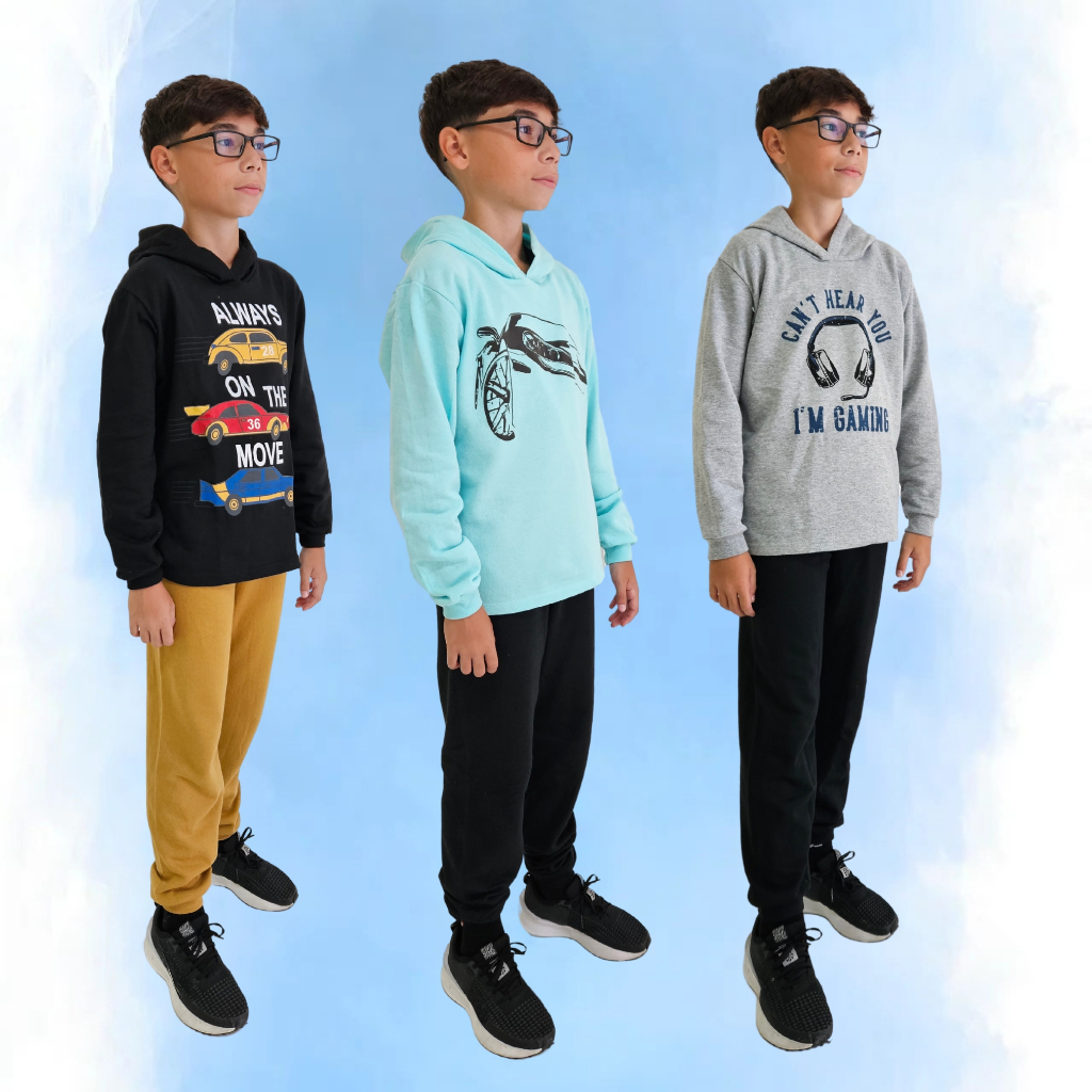 Kit Moletom Infantil Masculino com Capuz 6 Peças Confortáveis 3 Casacos + 3 Calças Tamanhos 1 ao  8