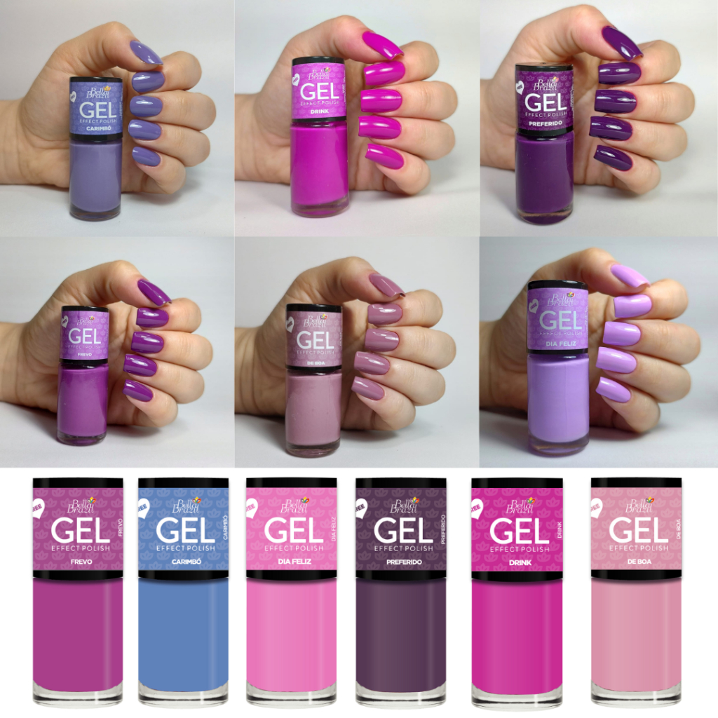Kit 6 Esmaltes Bella Brazil Efeito Gel 9ml - Tons Lilás e Roxo Brilho Intenso e Longa Duração