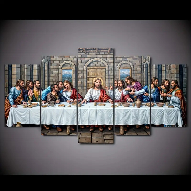 Quadro Decorativo 5 Peças Religioso Jesus Cristo Santa Ceia Última Ceia Para Casa Sala Quarto