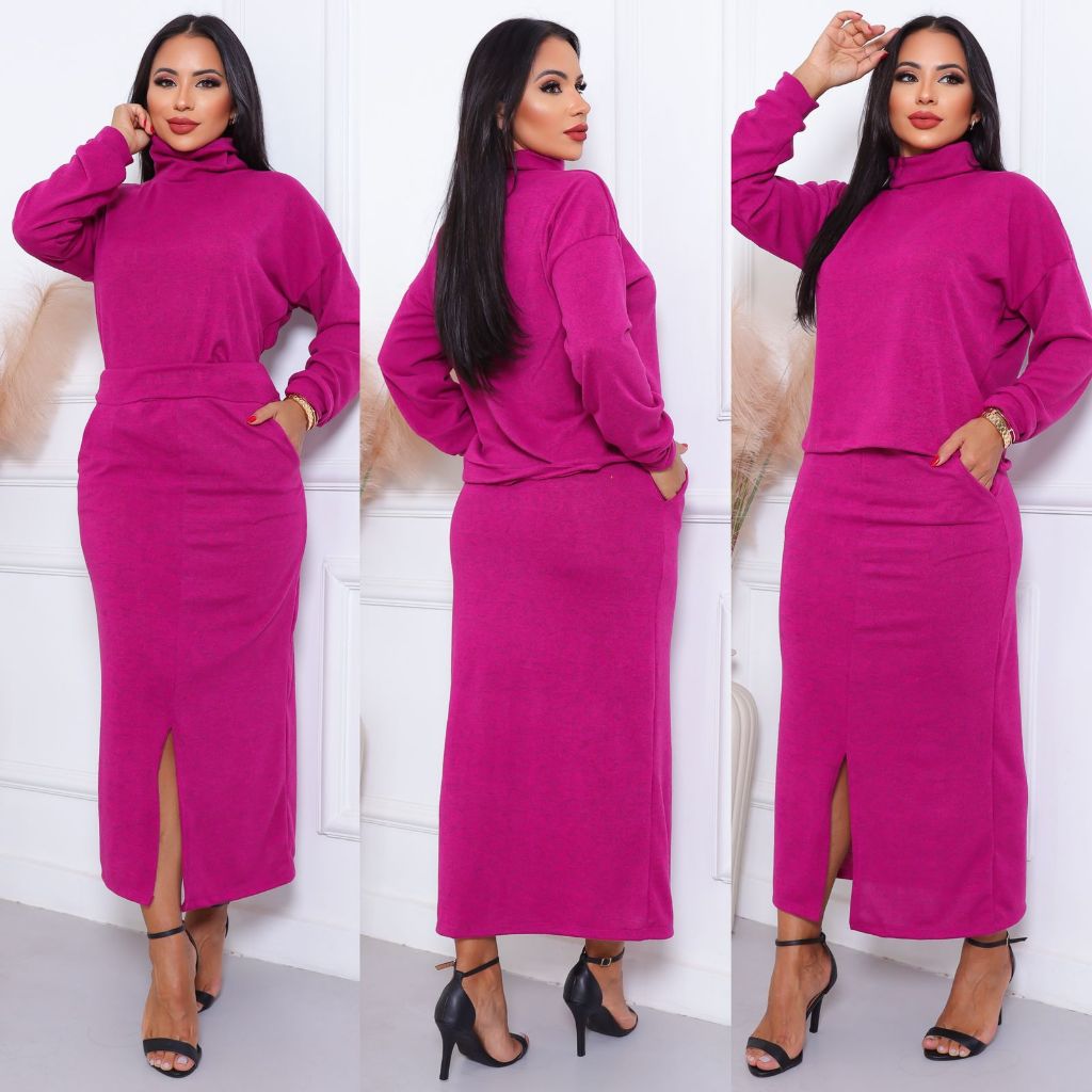 Conjunto Feminino Lanzinha Blusa Gola Alta Saia com Bolso e Fenda Na Frente