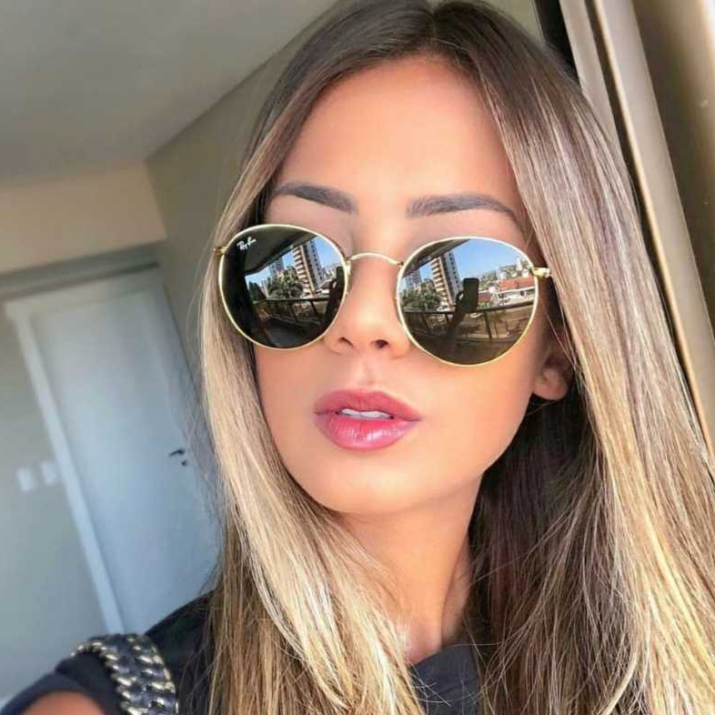 Óculos de sol feminino redondo lente de cristal preto azul marrom várias cores com acessorios em Oferta na Shopee