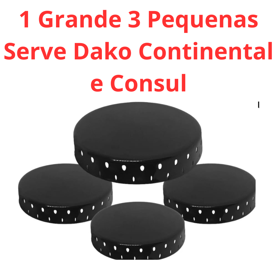 4 Espalhadores Tampinhas para Boca de Fogão Dako, Continental e Consul 3 Pequenas 6cm / 1 Grande 7,3cm