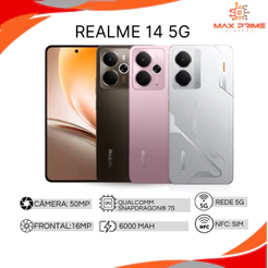 realme 14 5G 256/8GB RAM, 256/12GB RAM, 512/12GB RAM Snapdragon 6 Gen 4, Bateria 6000mAh, Câmera 50MP, Versão Global.
