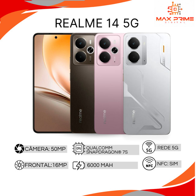realme 14 5G 256/8GB RAM, 256/12GB RAM, 512/12GB RAM Snapdragon 6 Gen 4, Bateria 6000mAh, Câmera 50MP, Versão Global.