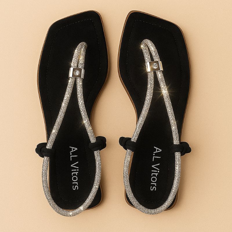 Sandália feminina com alça de strass brilhante casual preta, sandal rasteira plana sapato