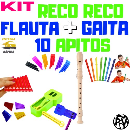 Kit flauta + reco reco + gaita sorveteiro+ 10 apitos brinquedo musical/ brinquedo barato/ prenda/ aniversario/ escola