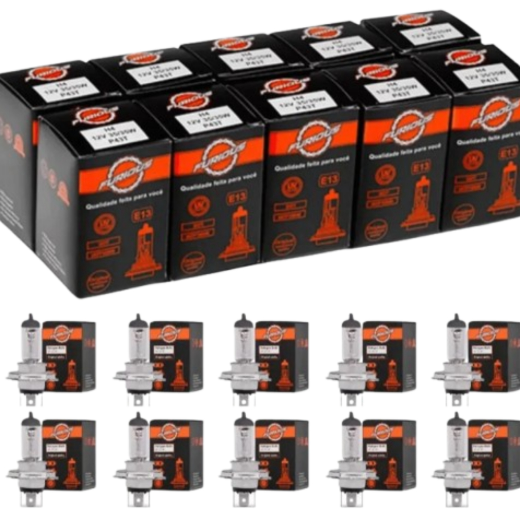 kit com 10 Lâmpada H4 FuriousTitan 150 Factor Bros Halogena Branca