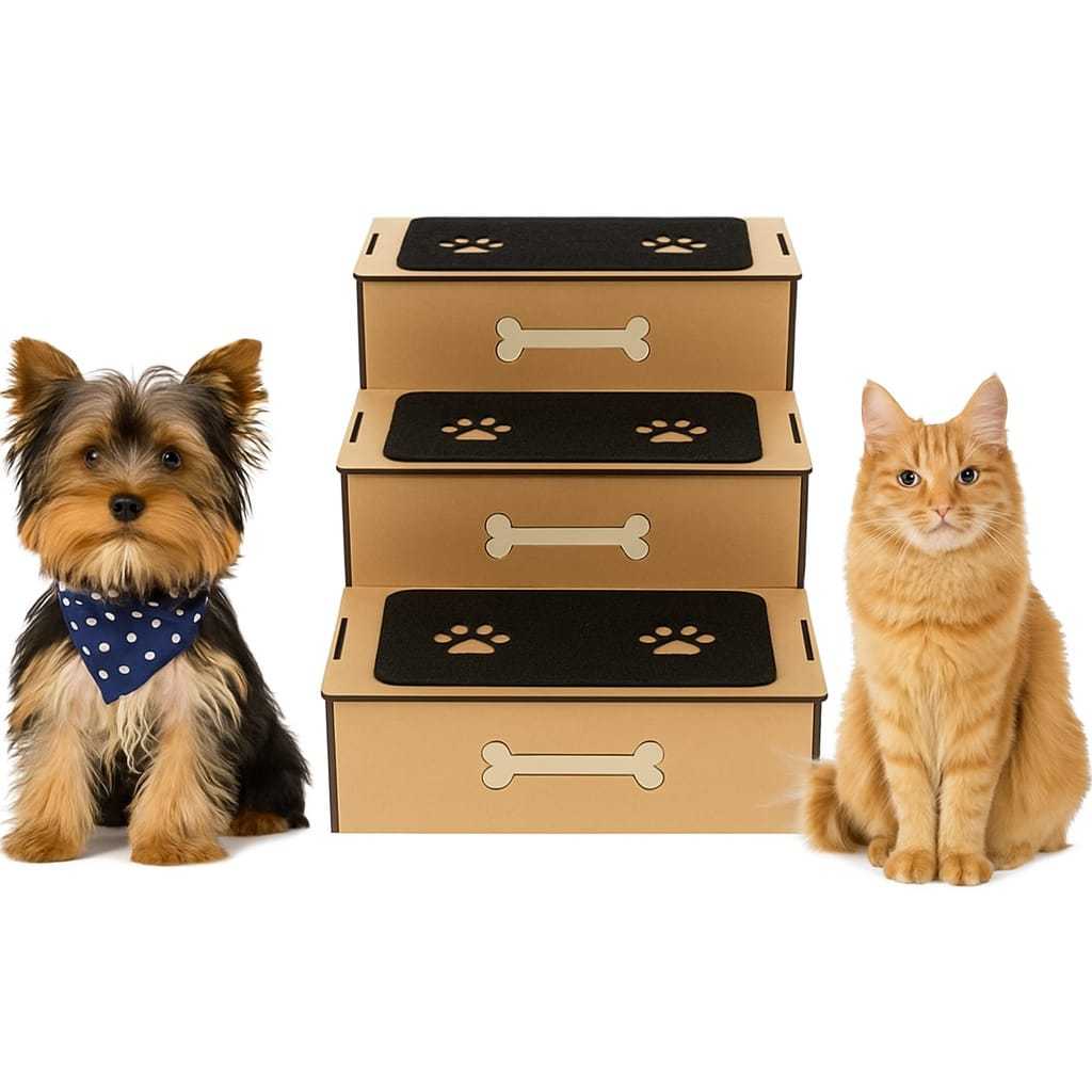 Escadinha Escada Pet 3 Degraus Feito em Madeira MDF com carpete antiderrapante p/ Cachorro e Gato Até 20 kg