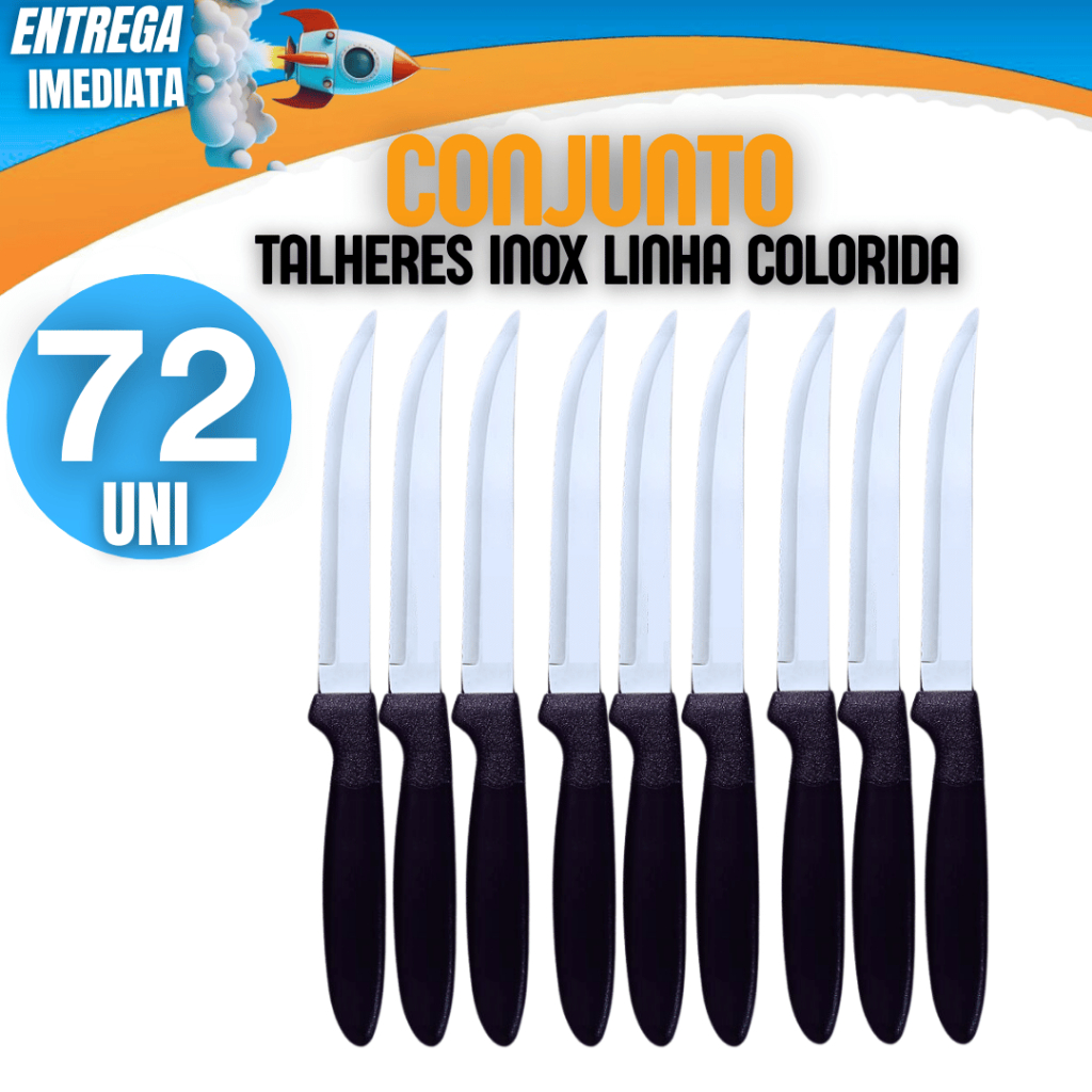 Combo 72 Facas Faca Talher Linha Colorida Linha Premium Cabo Plástico Inox Cozinha Variáveis Casa Cozinha Restaurante