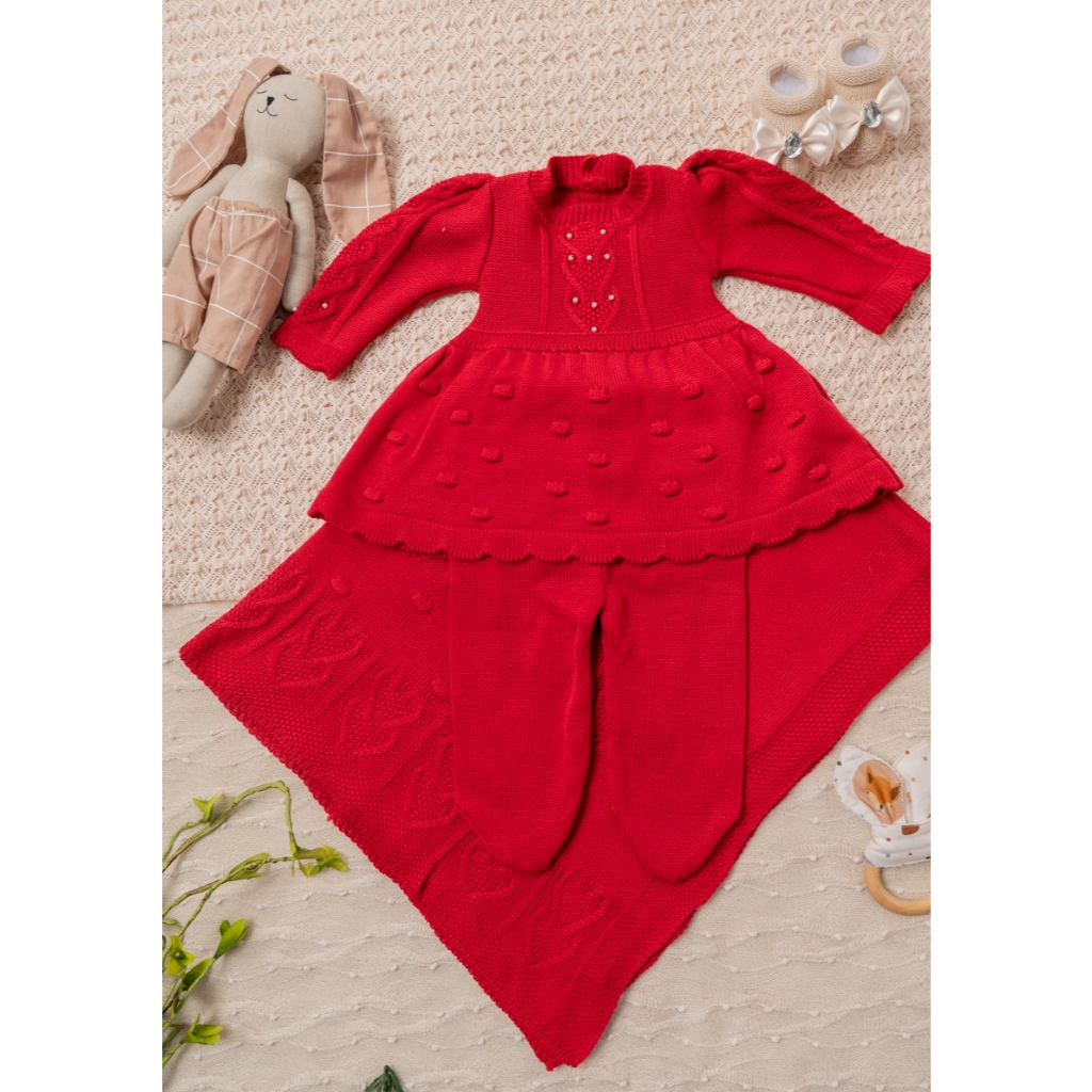 Conjunto Vestido Calça e Manta Perola Récem Nascido Tricô infantil Bebê Menina Tricot RN