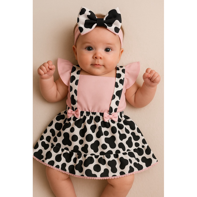 Romper Jardineira Vestido Bebê Menina Fantasia Vaquinha Temática Fazendinha Mesversário Meu Tetê c/Laço Book fotográfico