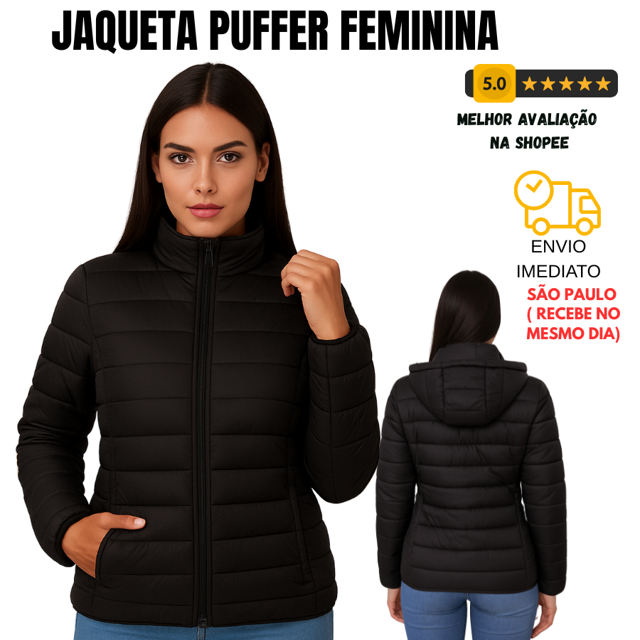 JAQUETA PUFFER FEMININO GOMINHO JAQUETA PRETA ADULTA PUFF BLUSA DE FRIO CASACO DE FRIO FEMININA CAPUZ GROSSO ZIPER