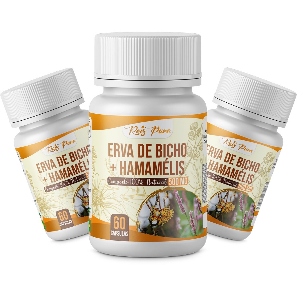 Kit 3x Erva do Bicho + Hamamélis | Composto 100%Puro - 500 Mg - 60 cápsulas