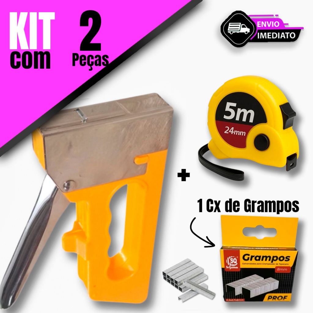 Kit Grampeador Tapeceiro c/Trena + Cx de  Grampos c/ 1000 Uni  – Ideal para uso Profissional Reparos
