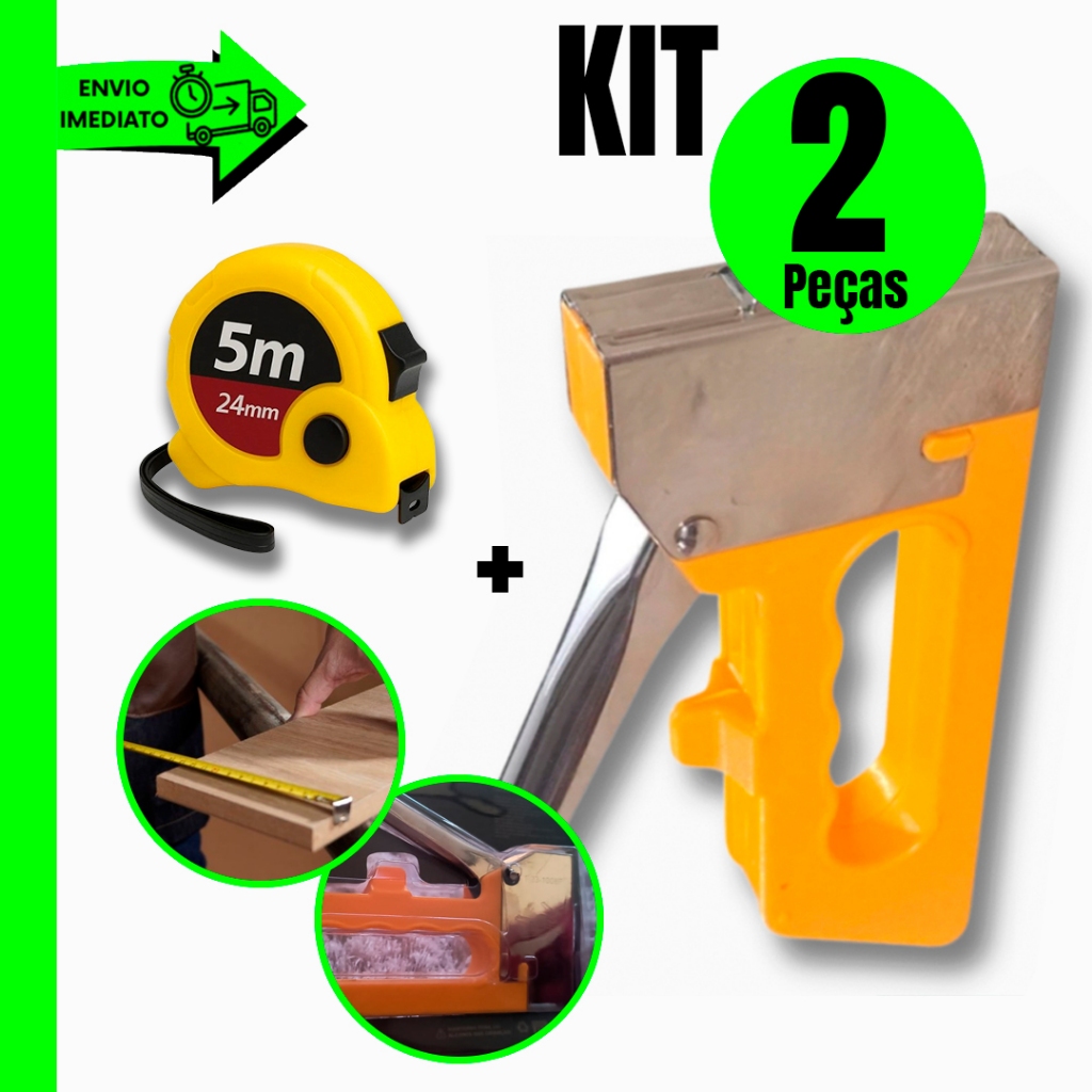 Kit Grampeador Tapeceiro + Trena 5 Metros – Ideal para Reparos e Tapeçaria